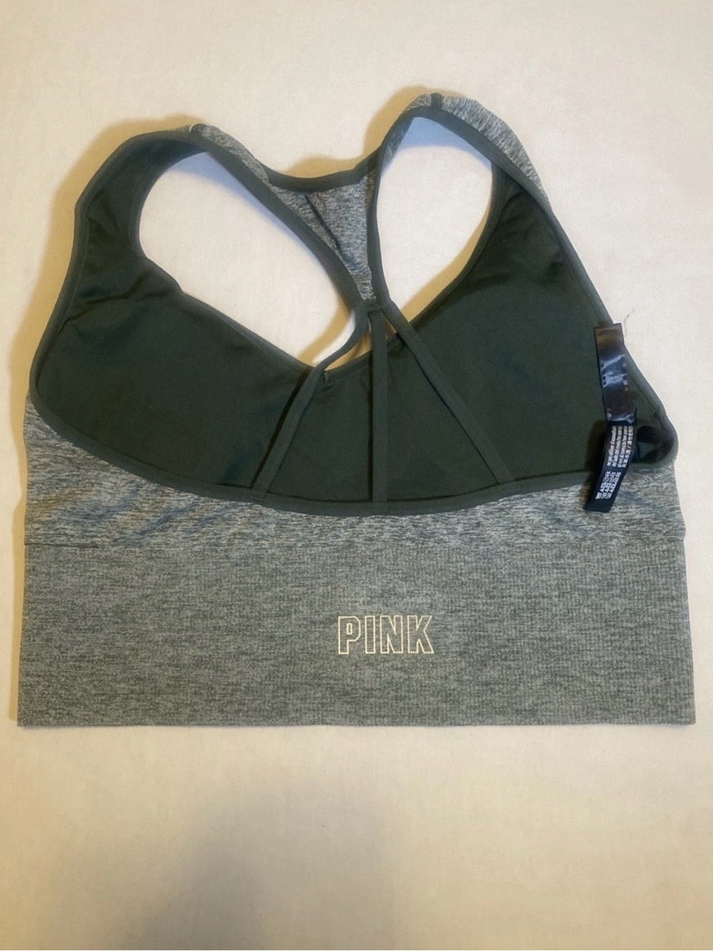 PINK Sport Women's Large Gray/ Green Racerback Padded
Wireless Sports Bra #0012